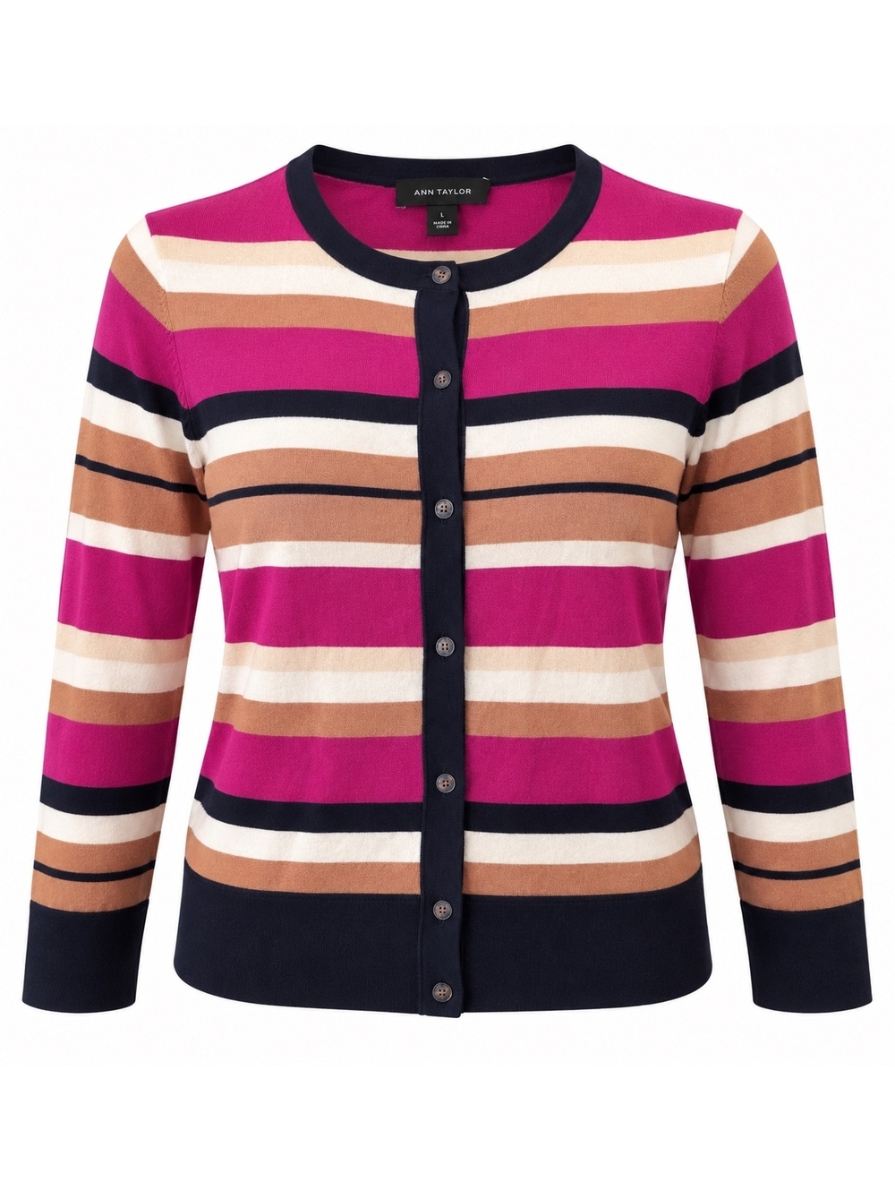Ann Taylor Women’s L Striped Button Front Cardigan Pink Navy Tan Preppy
